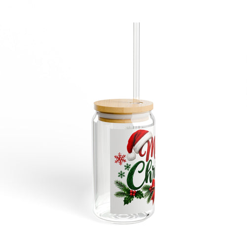 Christmas Sipper Glass 16oz – "Merry Christmas" Holiday Drink Jar with Straw