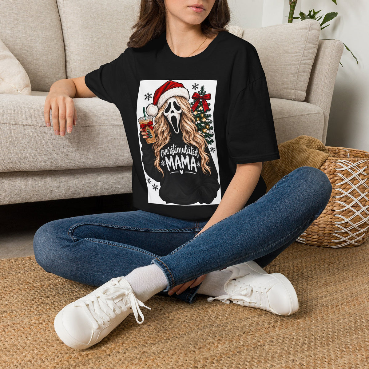 Scream Mask Christmas T-Shirt – "Overstimulated Mama" Holiday Tee