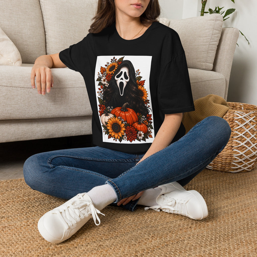 Halloween Ghostface Pumpkin T‑Shirt — Spooky Floral Fall Graphic Tee