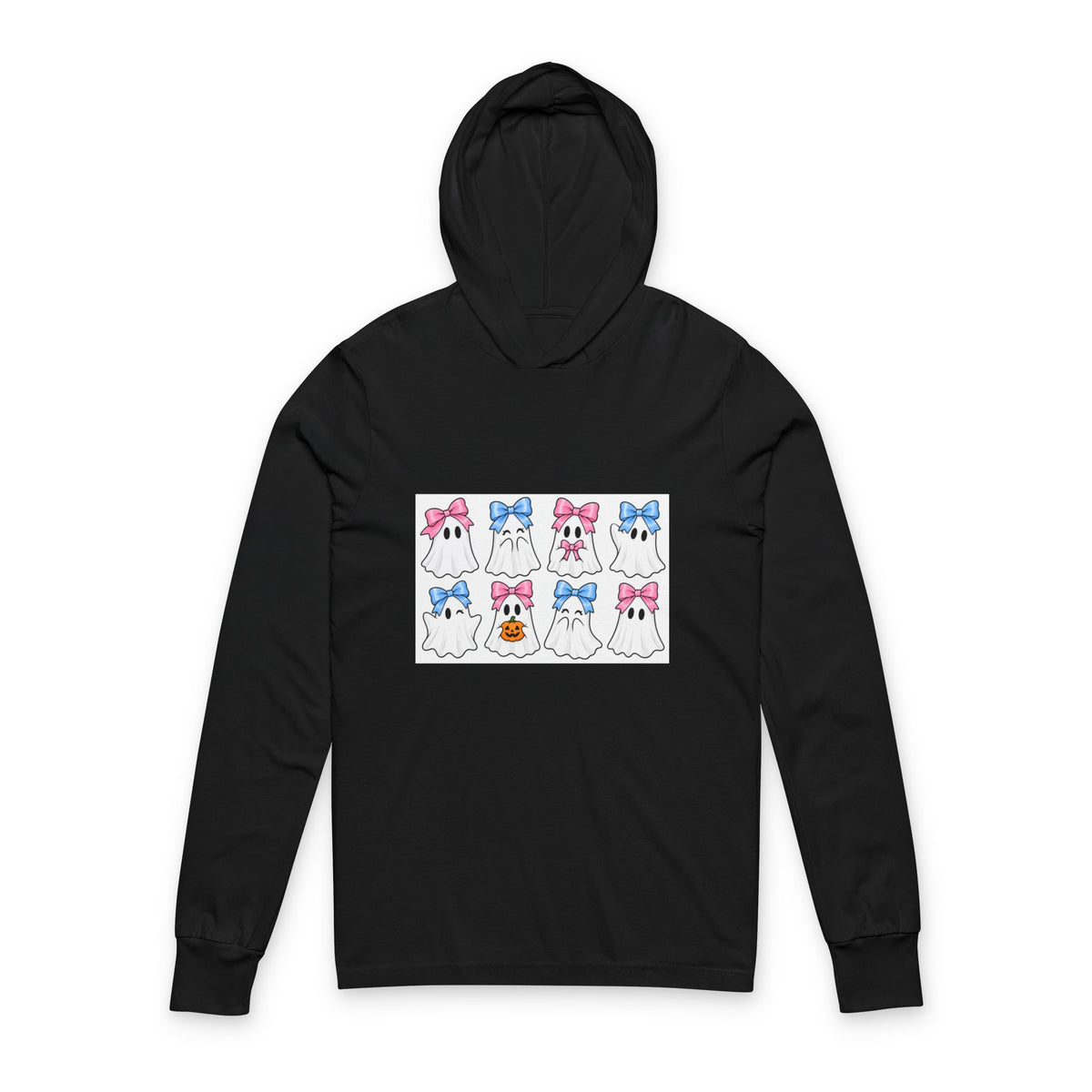 Cute Ghosts Pattern Hooded Long Sleeve Tee — Halloween Bow Ghosts Graphic
