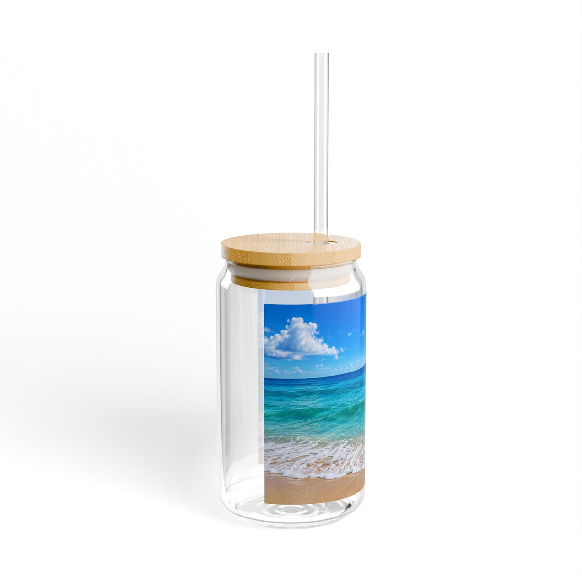 16oz Beach Scene Sipper Glass with Bamboo Lid — Tropical Ocean Drink Tumbler