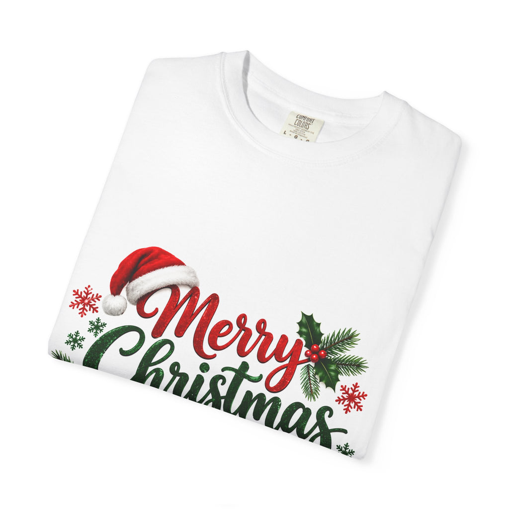 Merry Christmas T-Shirt – Festive Holiday Tee with Santa Hat & Wreath