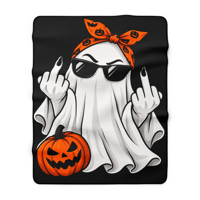 Edgy Halloween Ghost Sherpa Blanket — Middle Finger Ghost with Pumpkin
