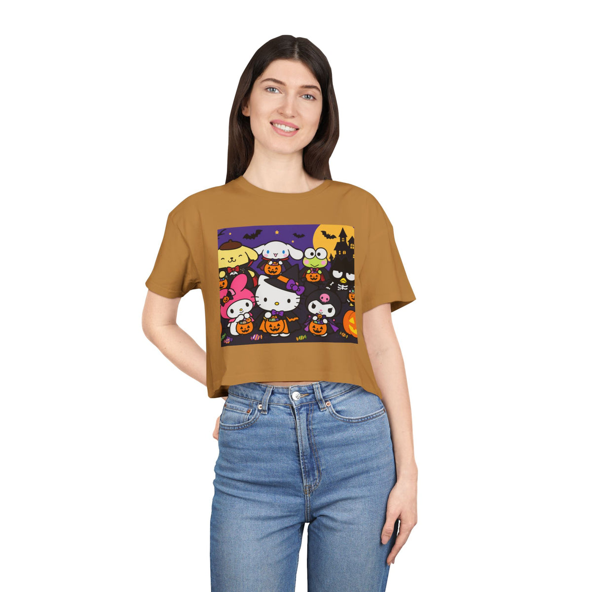 Halloween Kitty Crop Tee — Cute Hello Kitty Trick-or-Treat Graphic