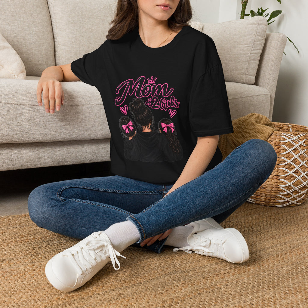 Mom of 2 Girls T-Shirt — Proud Mommy Graphic Tee with Daughter Silhouettes & Bows