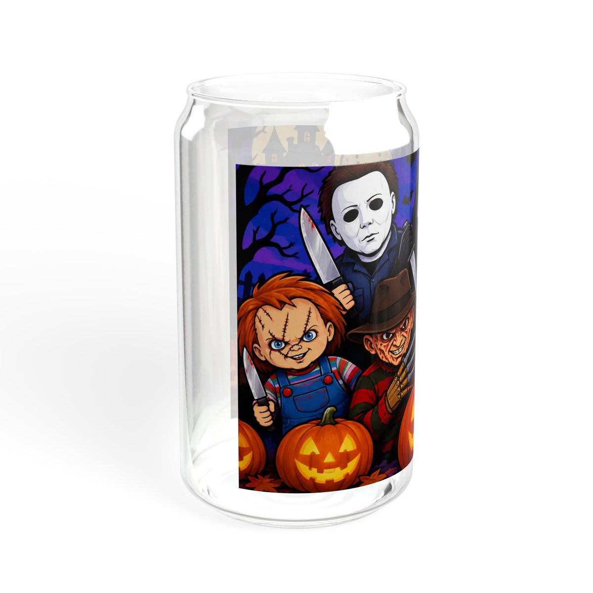 Halloween Horror Characters 16oz Sipper Glass – Michael Myers, Ghostface, Freddy, Pennywise & Chucky Design