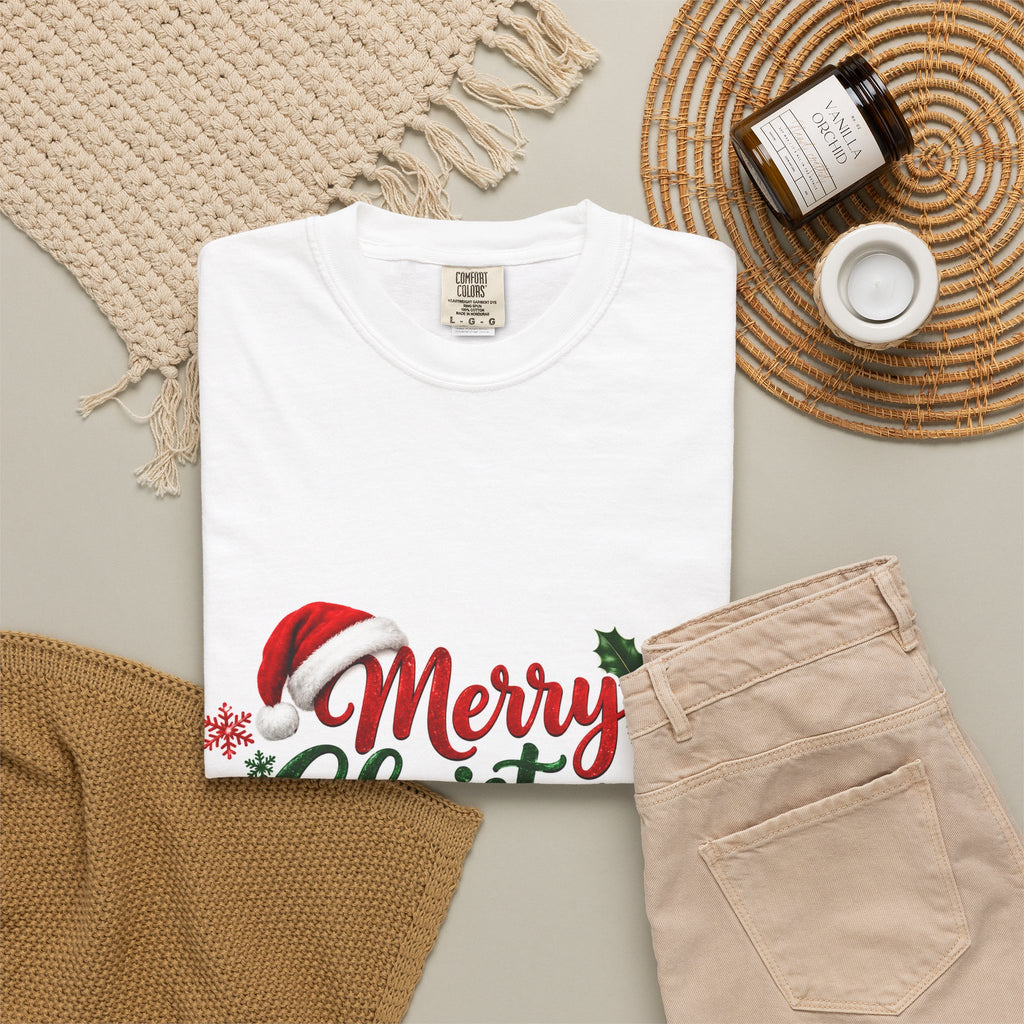 Merry Christmas T-Shirt – Festive Holiday Tee with Santa Hat & Wreath