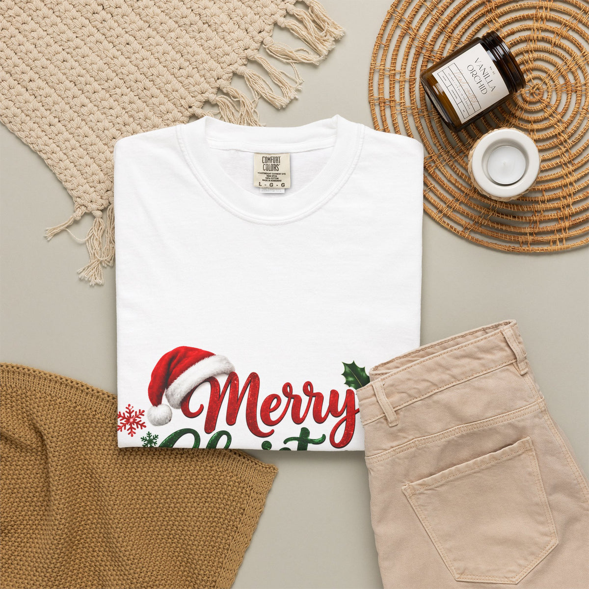 Merry Christmas T-Shirt – Festive Holiday Tee with Santa Hat & Wreath