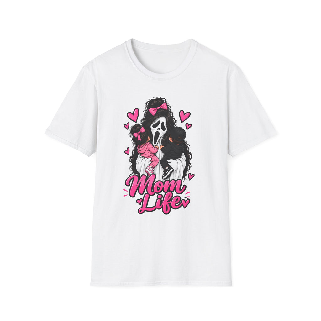 Mom Life Graphic Tee – Cute Scream Mask Mom Shirt with Pink Hearts