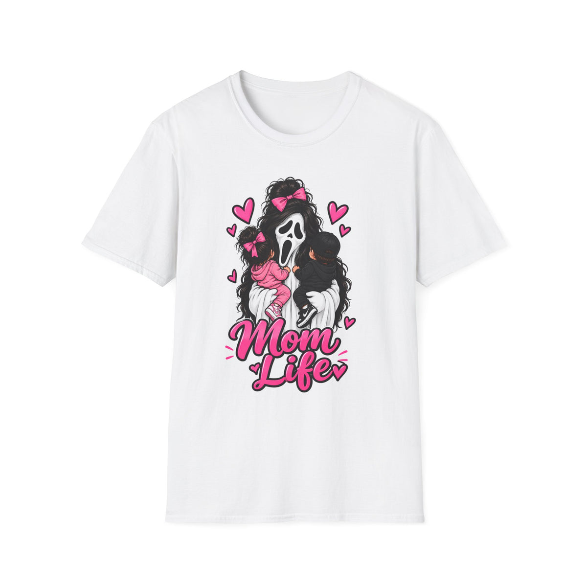 Mom Life Graphic Tee – Cute Scream Mask Mom Shirt with Pink Hearts