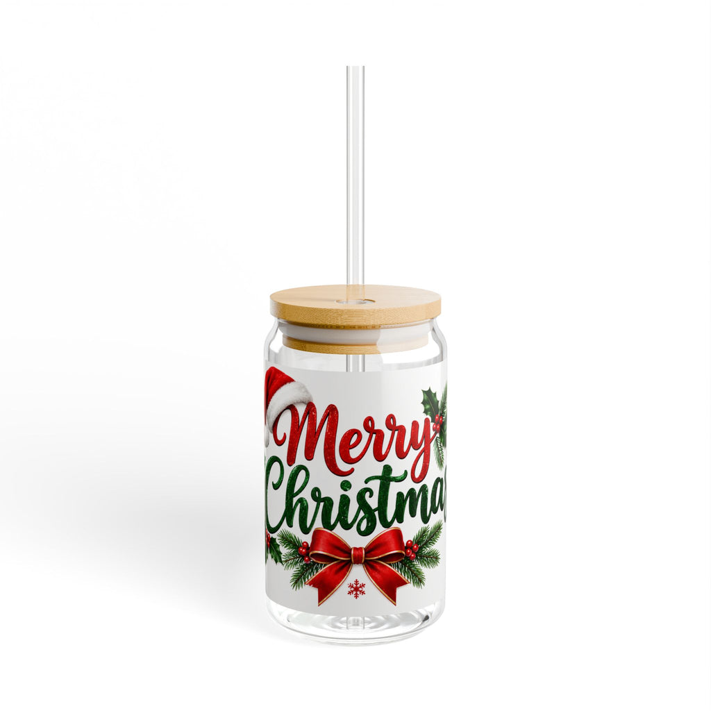 Christmas Sipper Glass 16oz – "Merry Christmas" Holiday Drink Jar with Straw