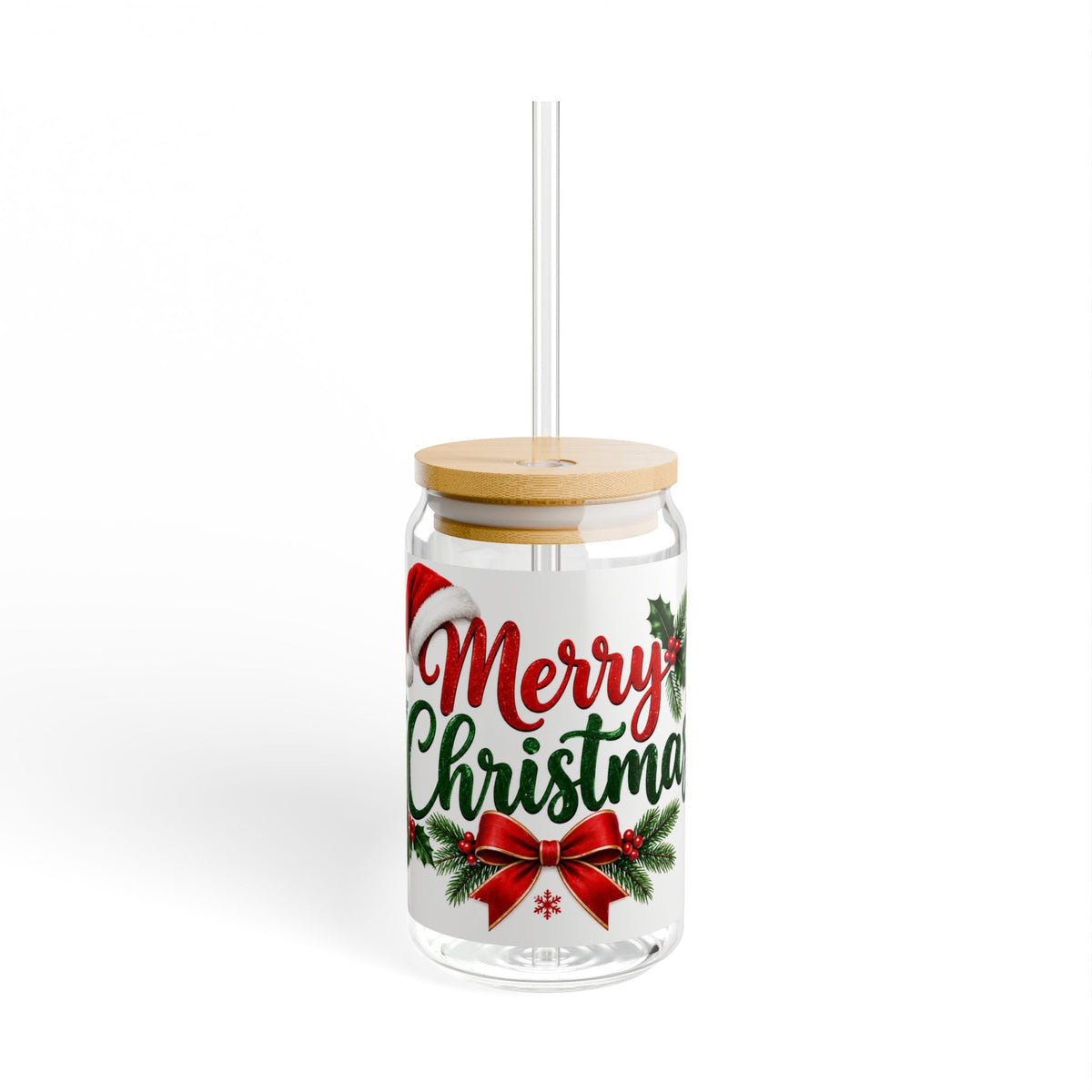 Christmas Sipper Glass 16oz – "Merry Christmas" Holiday Drink Jar with Straw