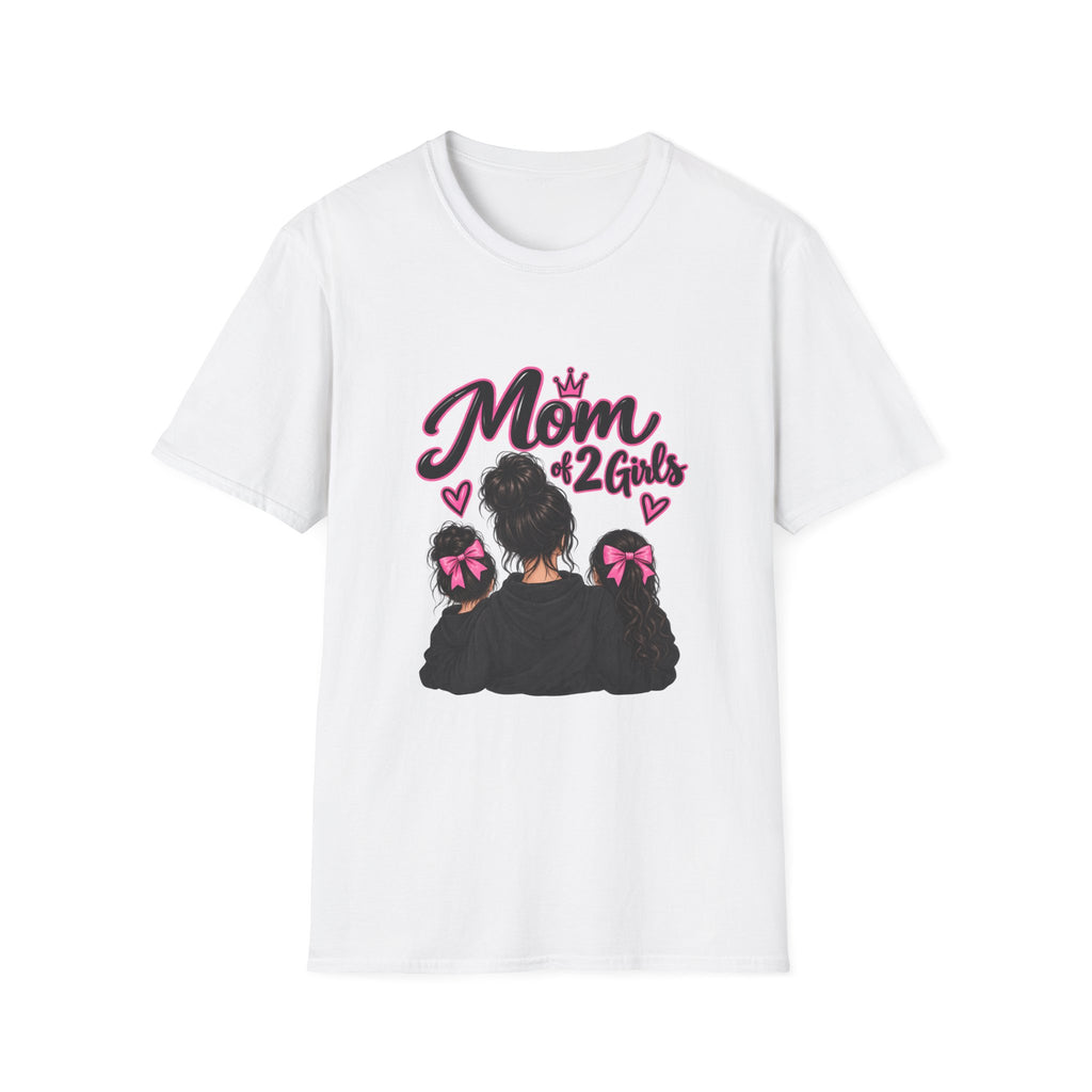 Mom of 2 Girls T-Shirt — Proud Mommy Graphic Tee with Daughter Silhouettes & Bows