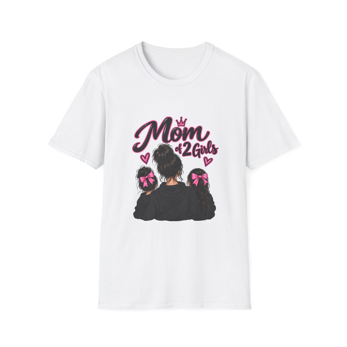 Mom of 2 Girls T-Shirt — Proud Mommy Graphic Tee with Daughter Silhouettes & Bows