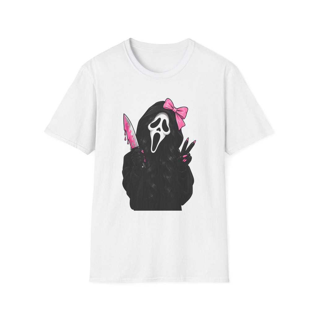 Scream Mask Girl T-Shirt — Pink Bow & Knife Horror Tee