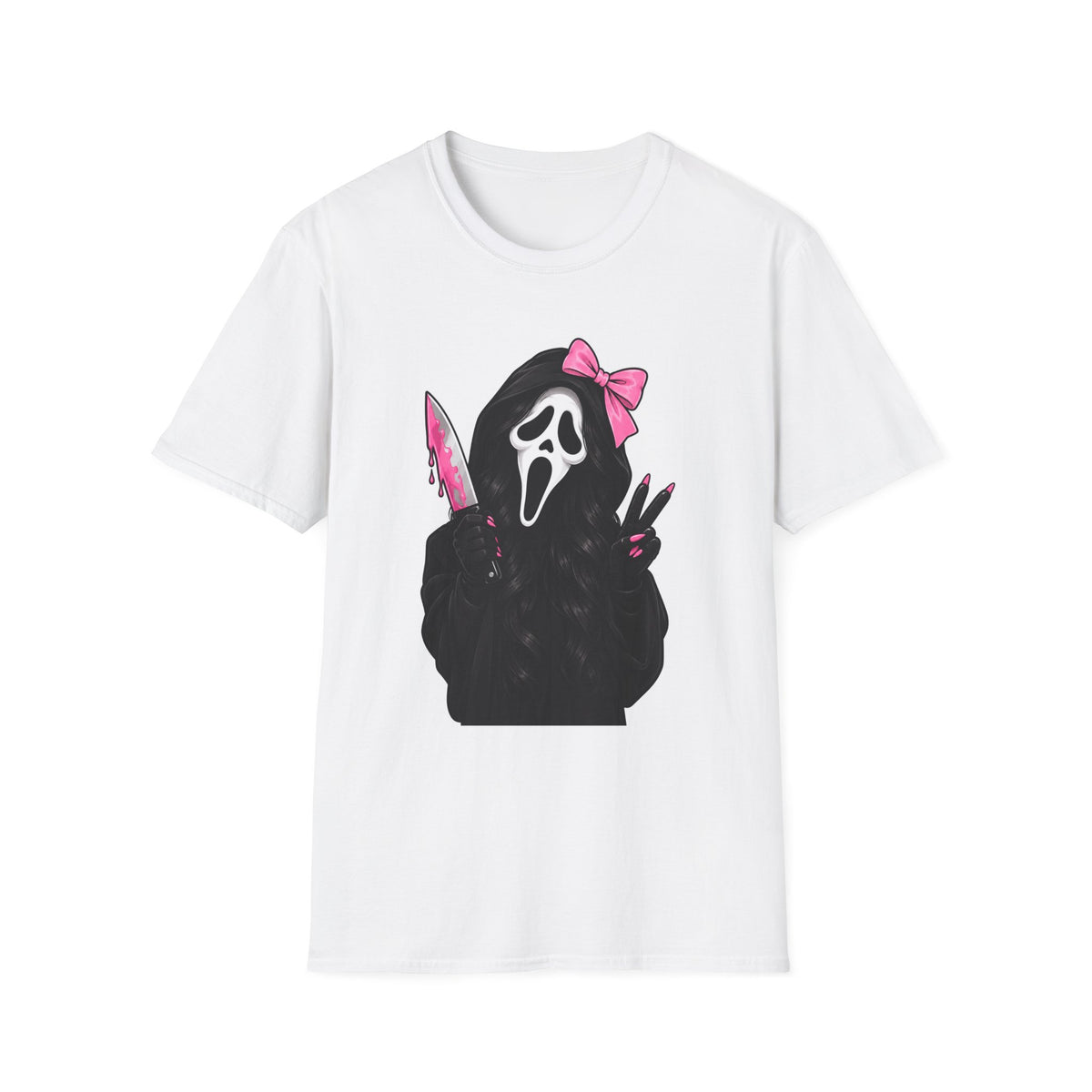 Scream Mask Girl T-Shirt — Pink Bow & Knife Horror Tee