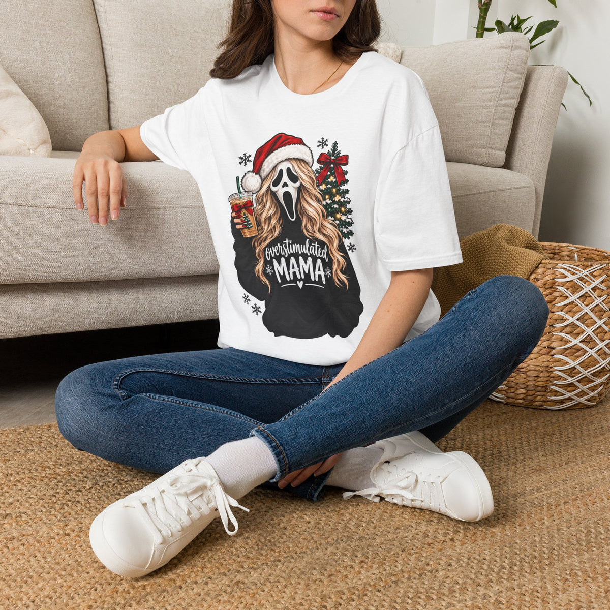 Scream Mask Christmas T-Shirt – "Overstimulated Mama" Holiday Tee