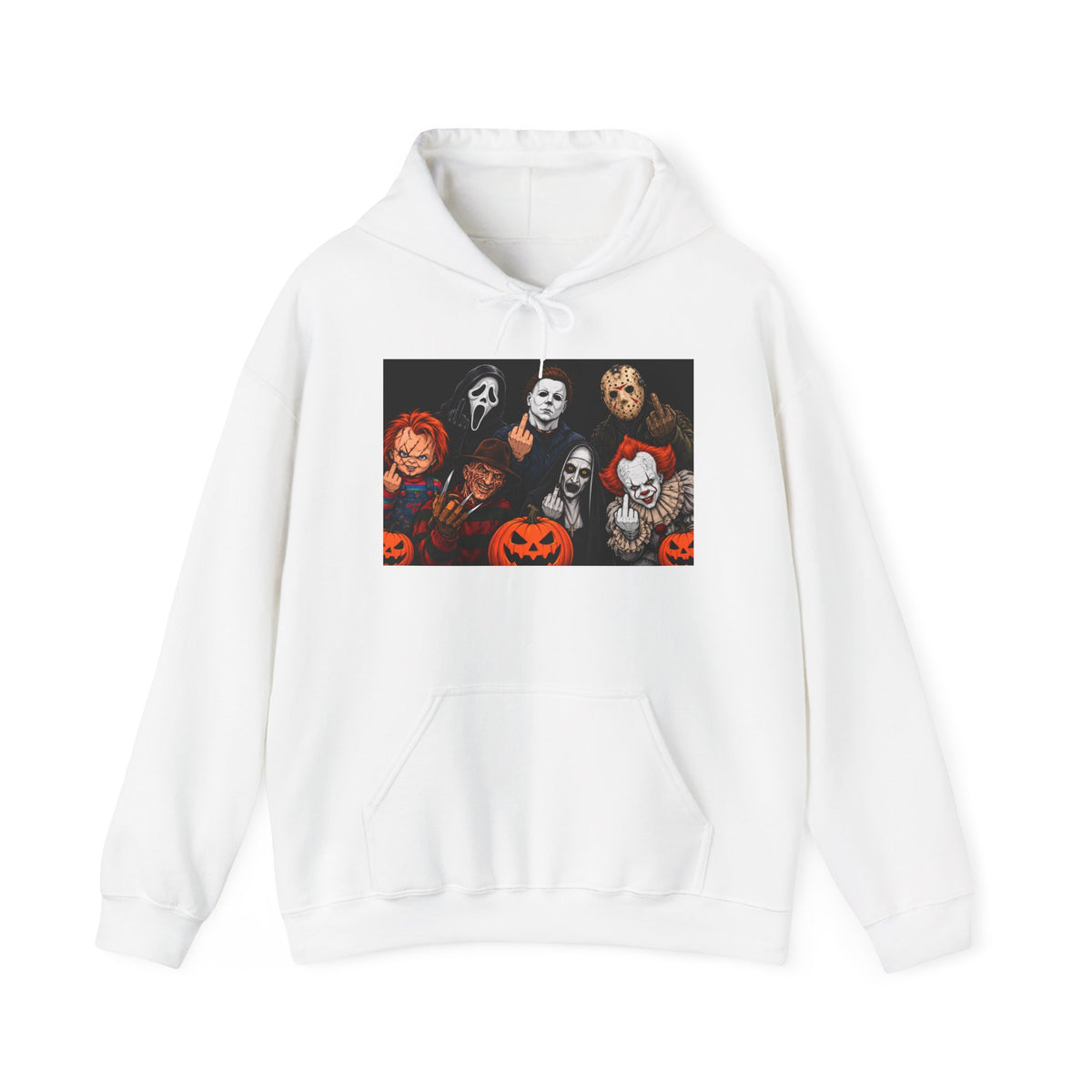 Horror Movie Villains Hoodie — Classic Slasher Characters with Jack-o'-Lanterns