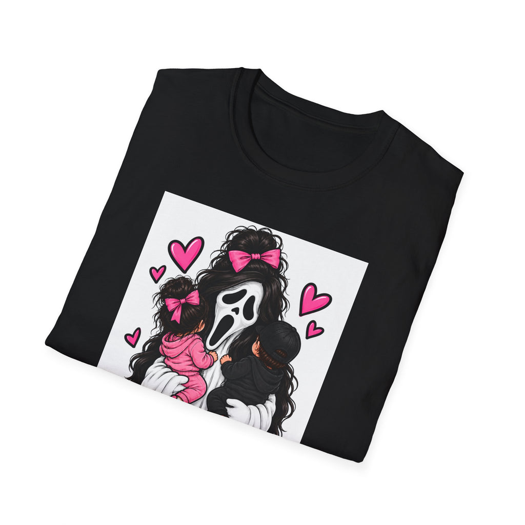 Mom Life Graphic Tee – Cute Scream Mask Mom Shirt with Pink Hearts