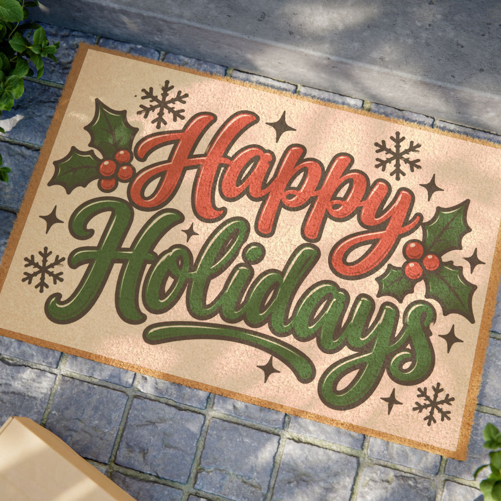 Happy Holidays Doormat — Festive Holiday Welcome Mat with Holly & Snowflakes