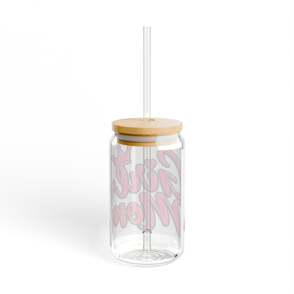 Girl Mom Sipper Glass - 16oz Clear Tumbler with Straw, Pink Script & Crown