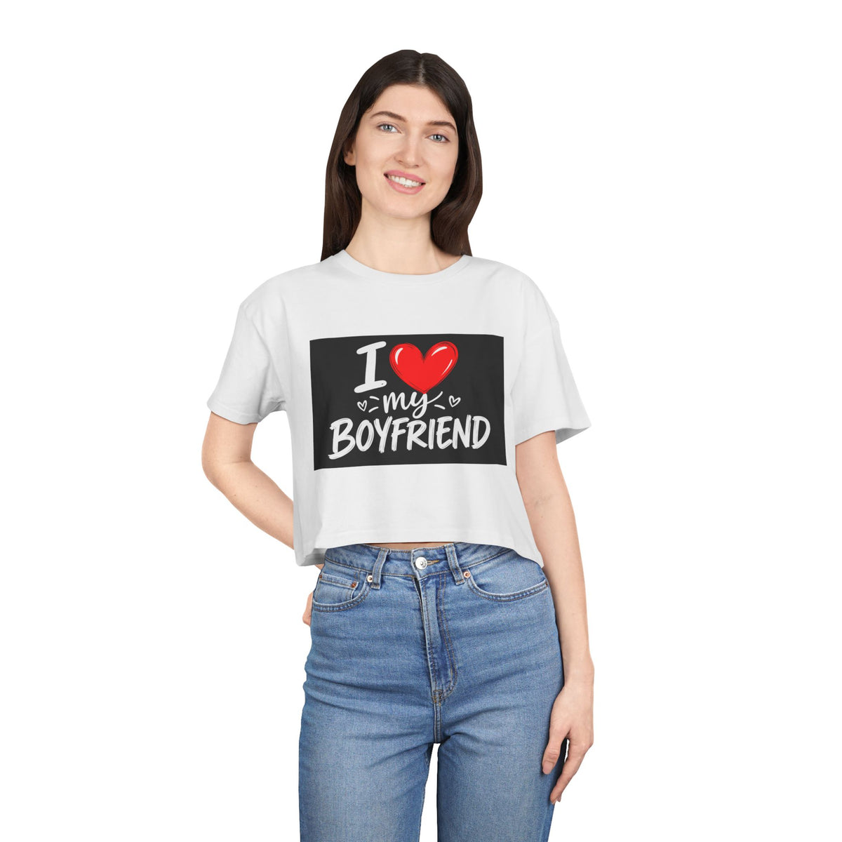 I Love My Boyfriend Crop Tee – Women's Romantic Graphic Top