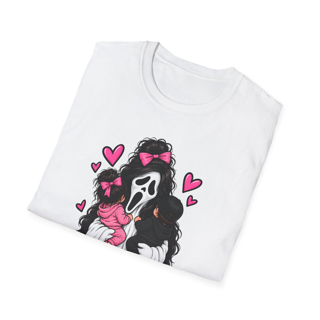 Mom Life Graphic Tee – Cute Scream Mask Mom Shirt with Pink Hearts