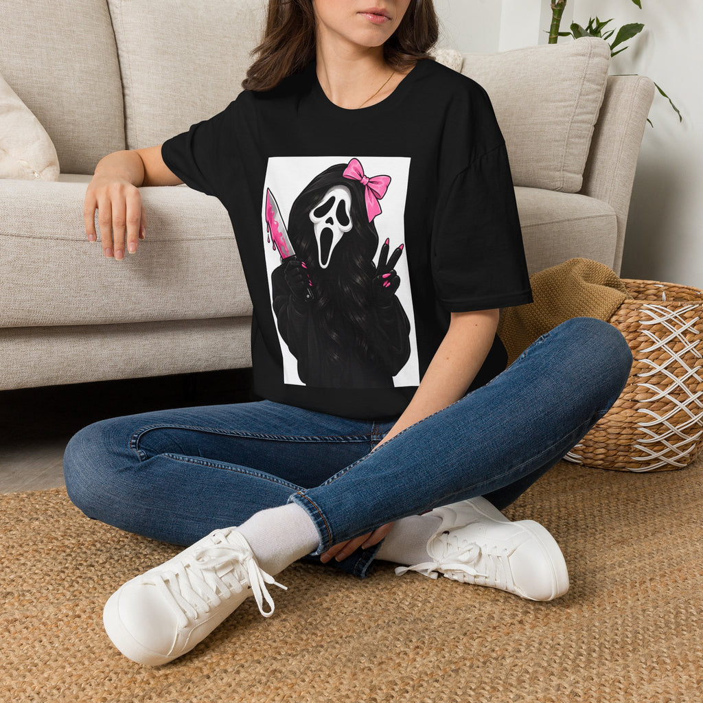 Scream Mask Girl T-Shirt — Pink Bow & Knife Horror Tee