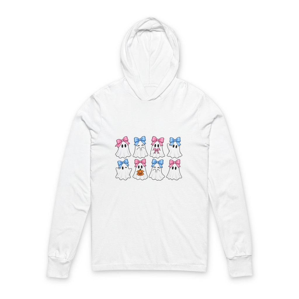Cute Ghosts Pattern Hooded Long Sleeve Tee — Halloween Bow Ghosts Graphic