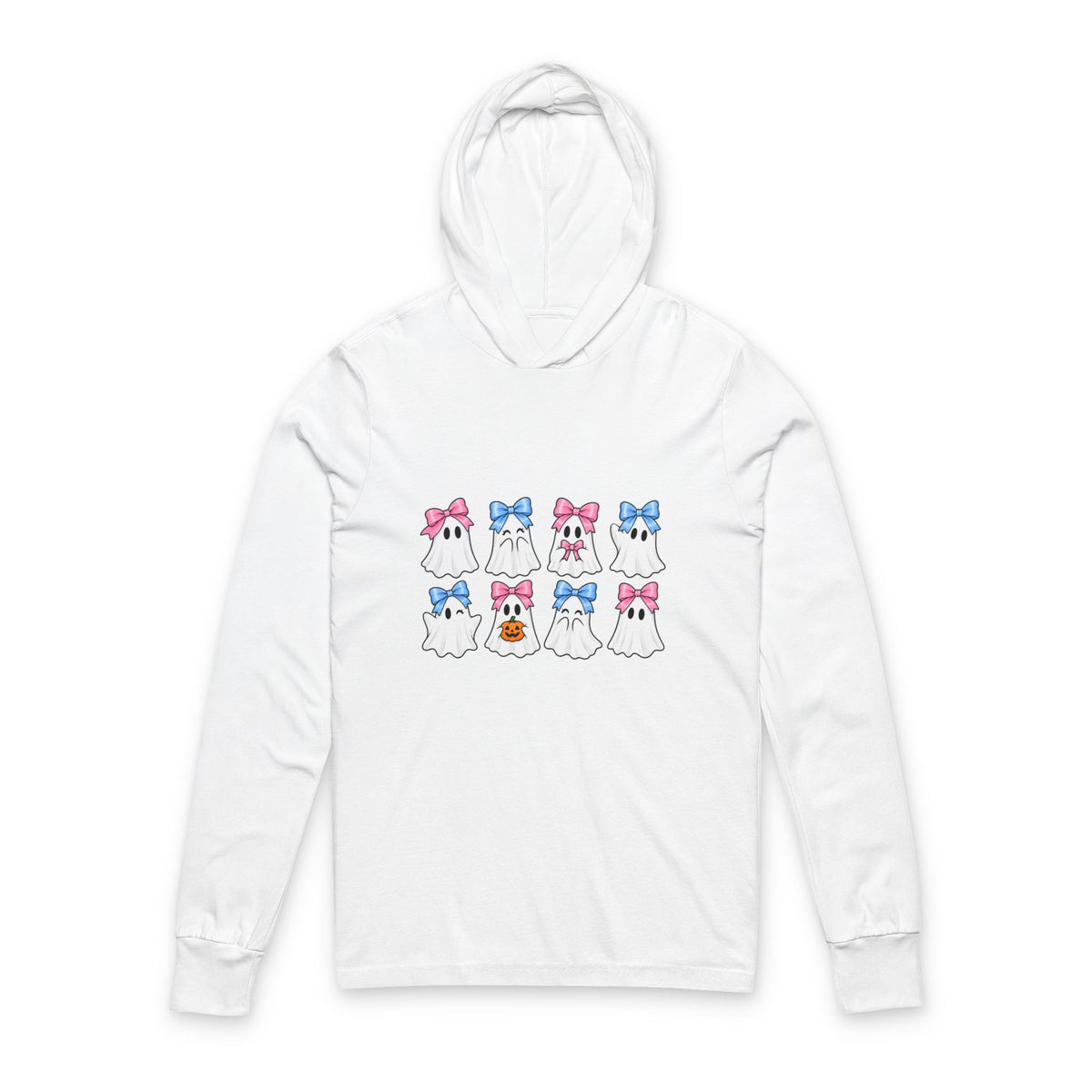 Cute Ghosts Pattern Hooded Long Sleeve Tee — Halloween Bow Ghosts Graphic