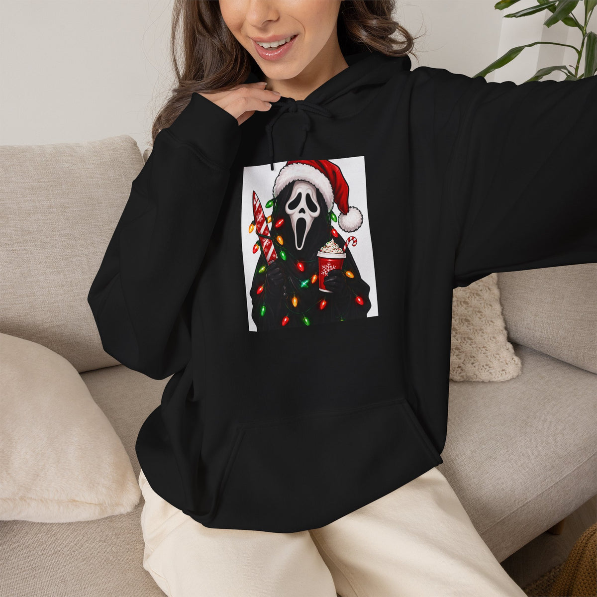 Christmas Scream Hoodie — Festive Ghostface with Santa Hat & Lights