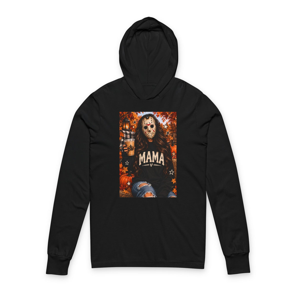 Mama Horror Mask Hoodie Tee — Halloween Mom Long-Sleeve Hooded Shirt