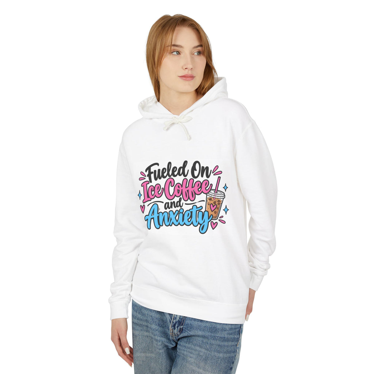 Hoodie — "Fueled on Ice Coffee and Anxiety" Cute Pastel Graphic Hoodie