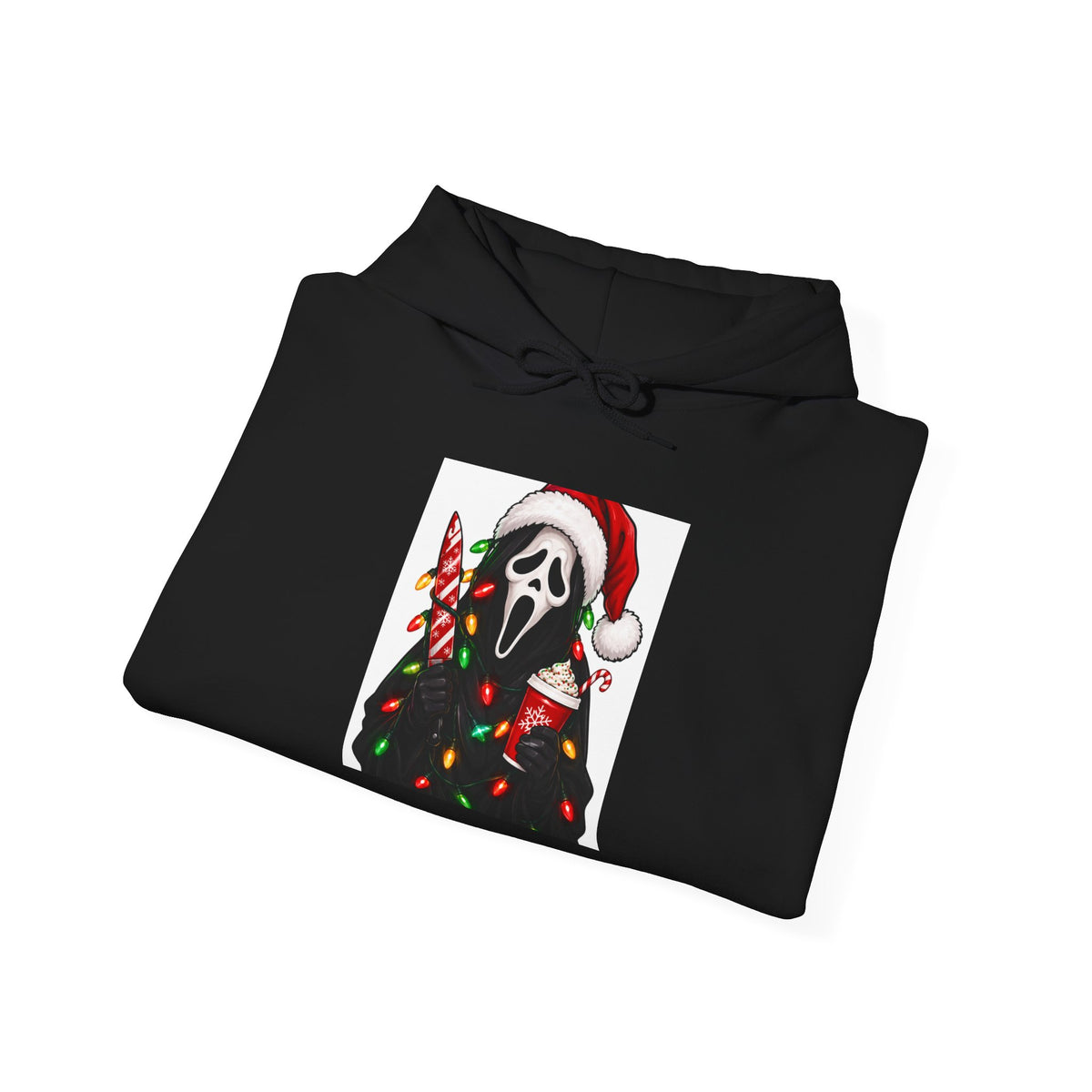 Christmas Scream Hoodie — Festive Ghostface with Santa Hat & Lights