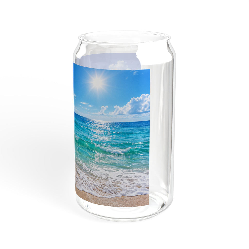 16oz Beach Scene Sipper Glass with Bamboo Lid — Tropical Ocean Drink Tumbler
