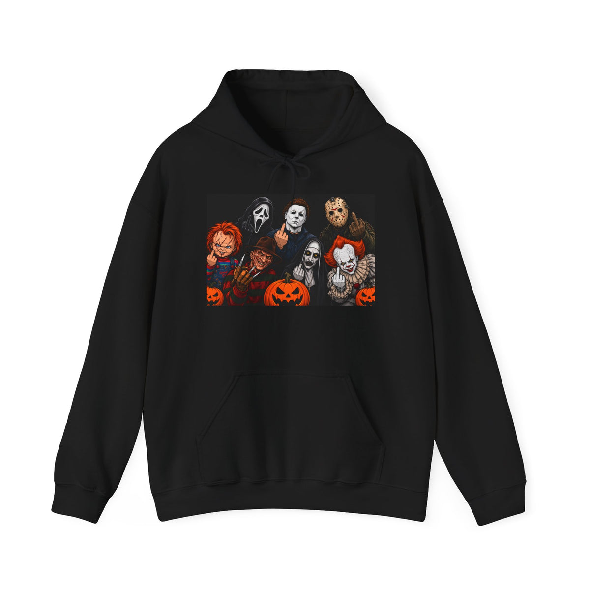 Horror Movie Villains Hoodie — Classic Slasher Characters with Jack-o'-Lanterns