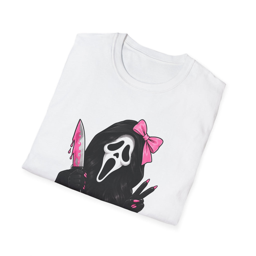 Scream Mask Girl T-Shirt — Pink Bow & Knife Horror Tee