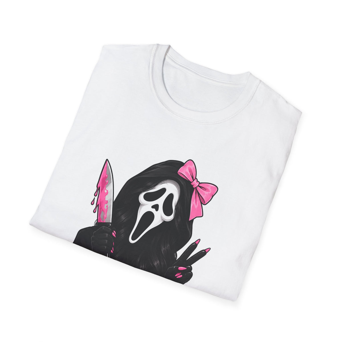 Scream Mask Girl T-Shirt — Pink Bow & Knife Horror Tee