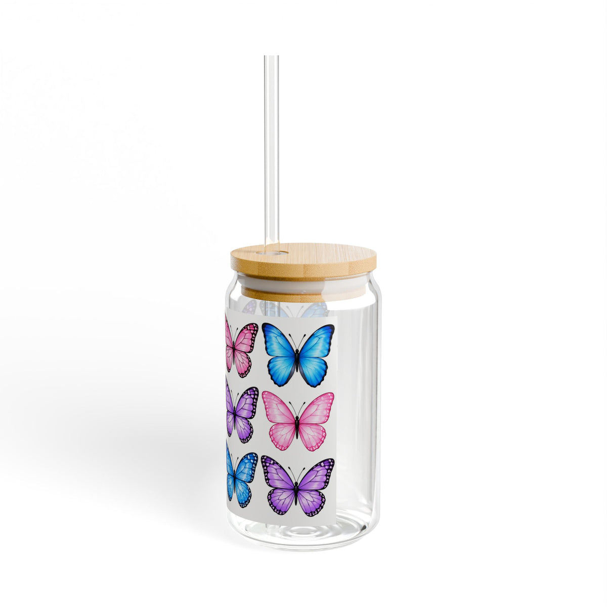 Butterfly Pattern Sipper Glass — 16oz Reusable Jar with Straw