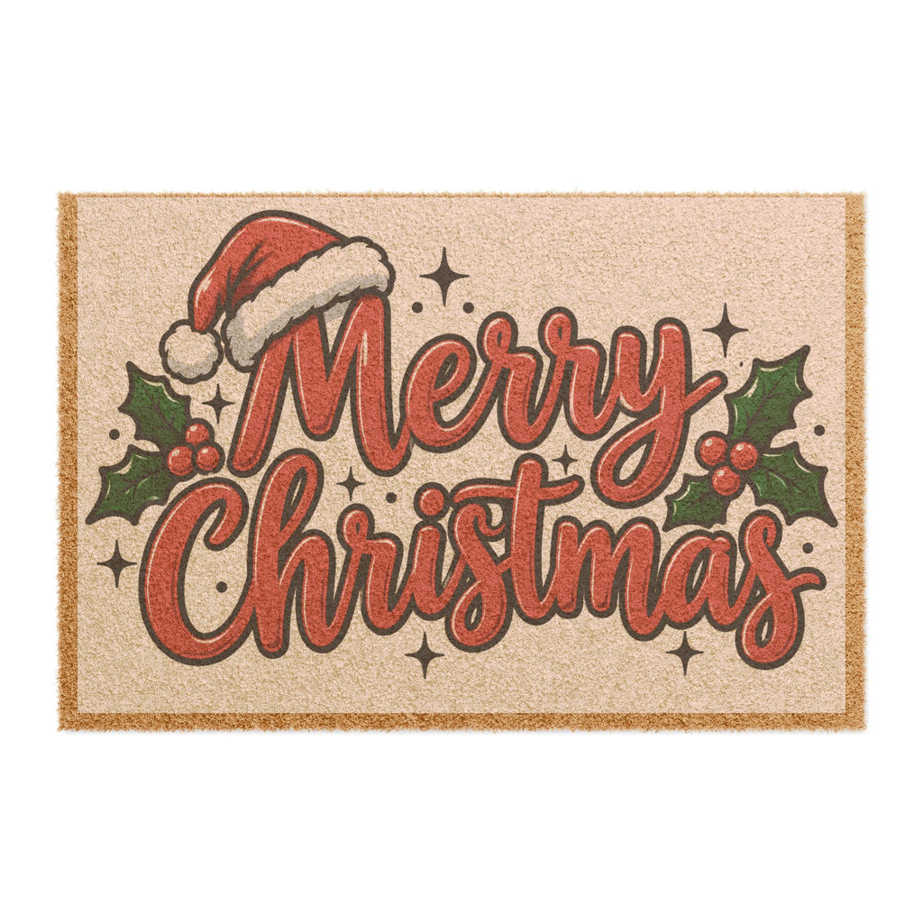 Merry Christmas Doormat – Festive Holiday Coir Welcome Mat with Santa Hat & Holly