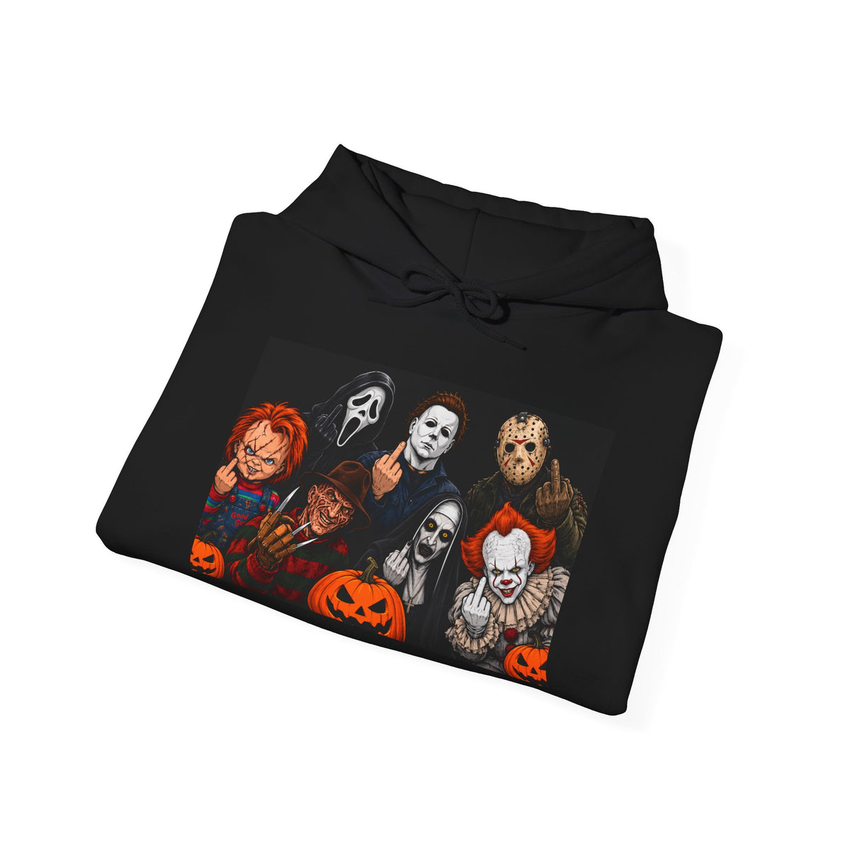 Horror Movie Villains Hoodie — Classic Slasher Characters with Jack-o'-Lanterns