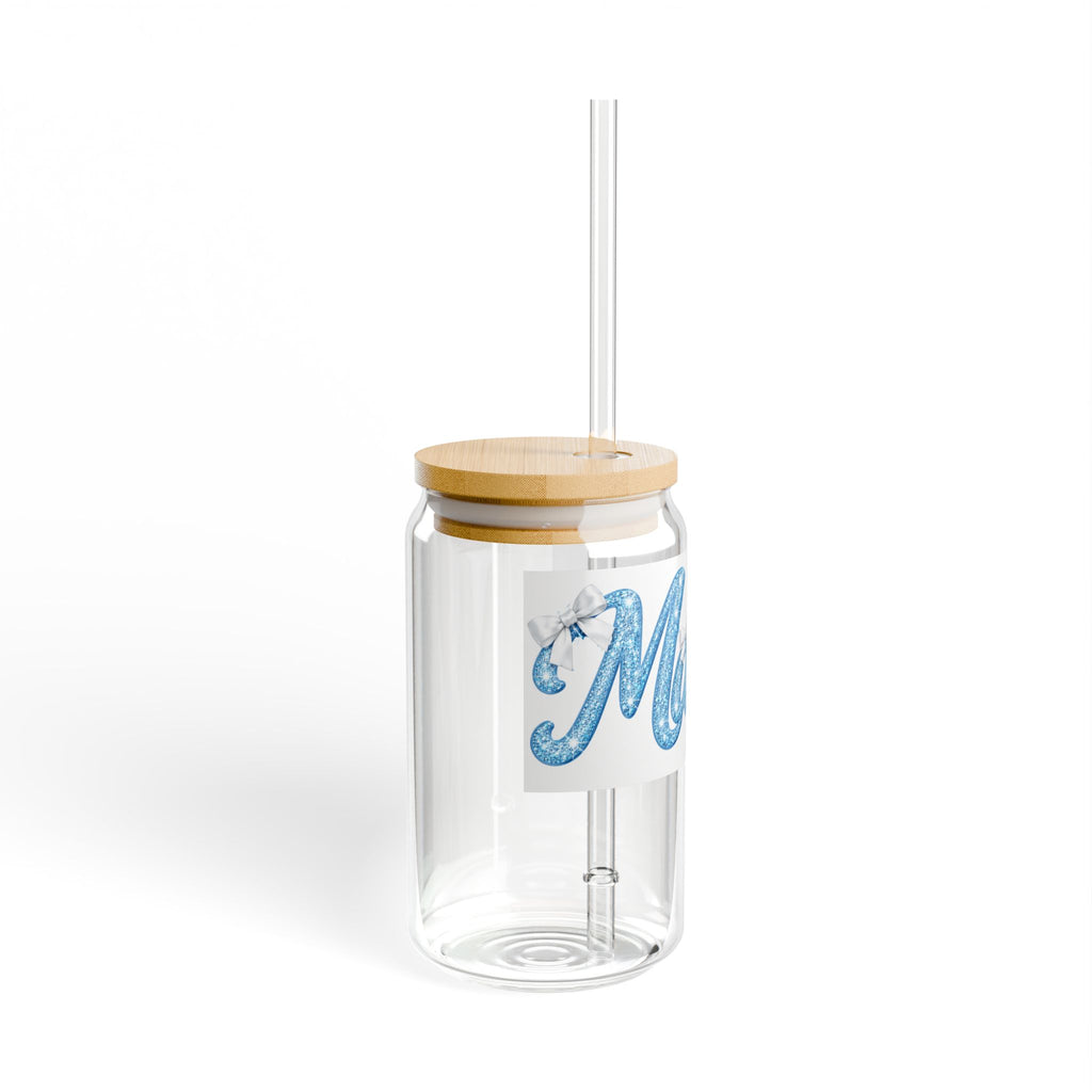 Mama 16oz Glass Sipper — Cute Blue Script Mama Drink Jar with Straw
