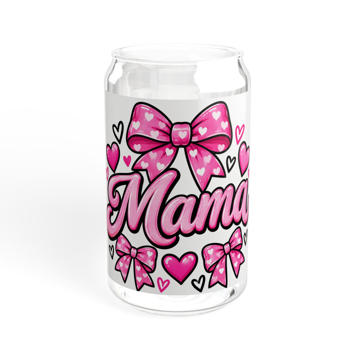 Mama Sipper Glass 16oz – Pink Hearts & Bows Drink Jar, Mother's Day Gift