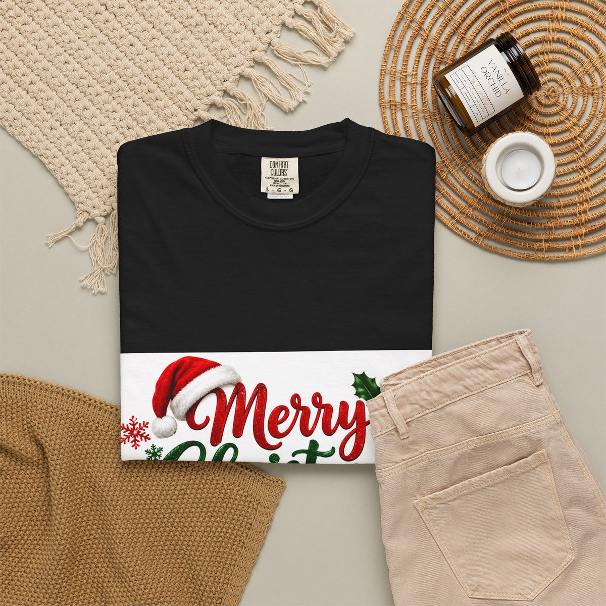 Merry Christmas T-Shirt – Festive Holiday Tee with Santa Hat & Wreath