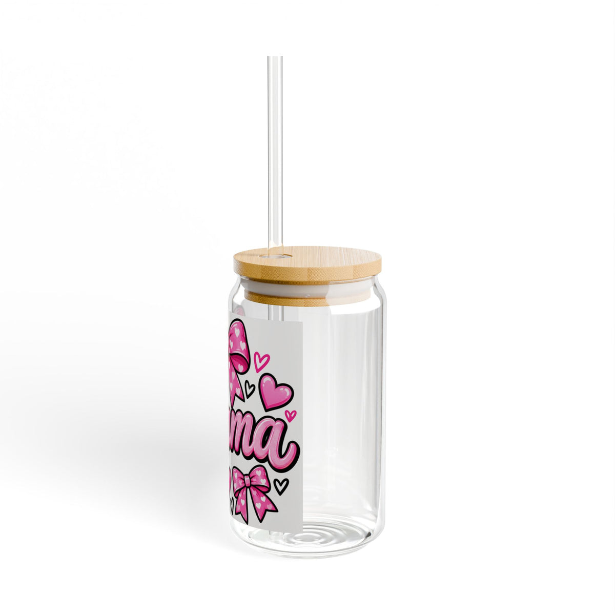 Mama Sipper Glass 16oz – Pink Hearts & Bows Drink Jar, Mother's Day Gift