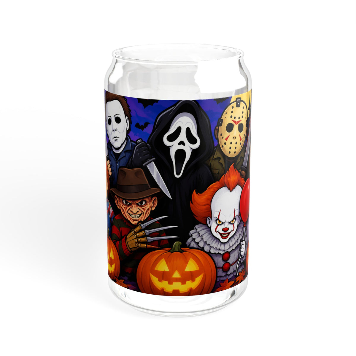 Halloween Horror Characters 16oz Sipper Glass – Michael Myers, Ghostface, Freddy, Pennywise & Chucky Design