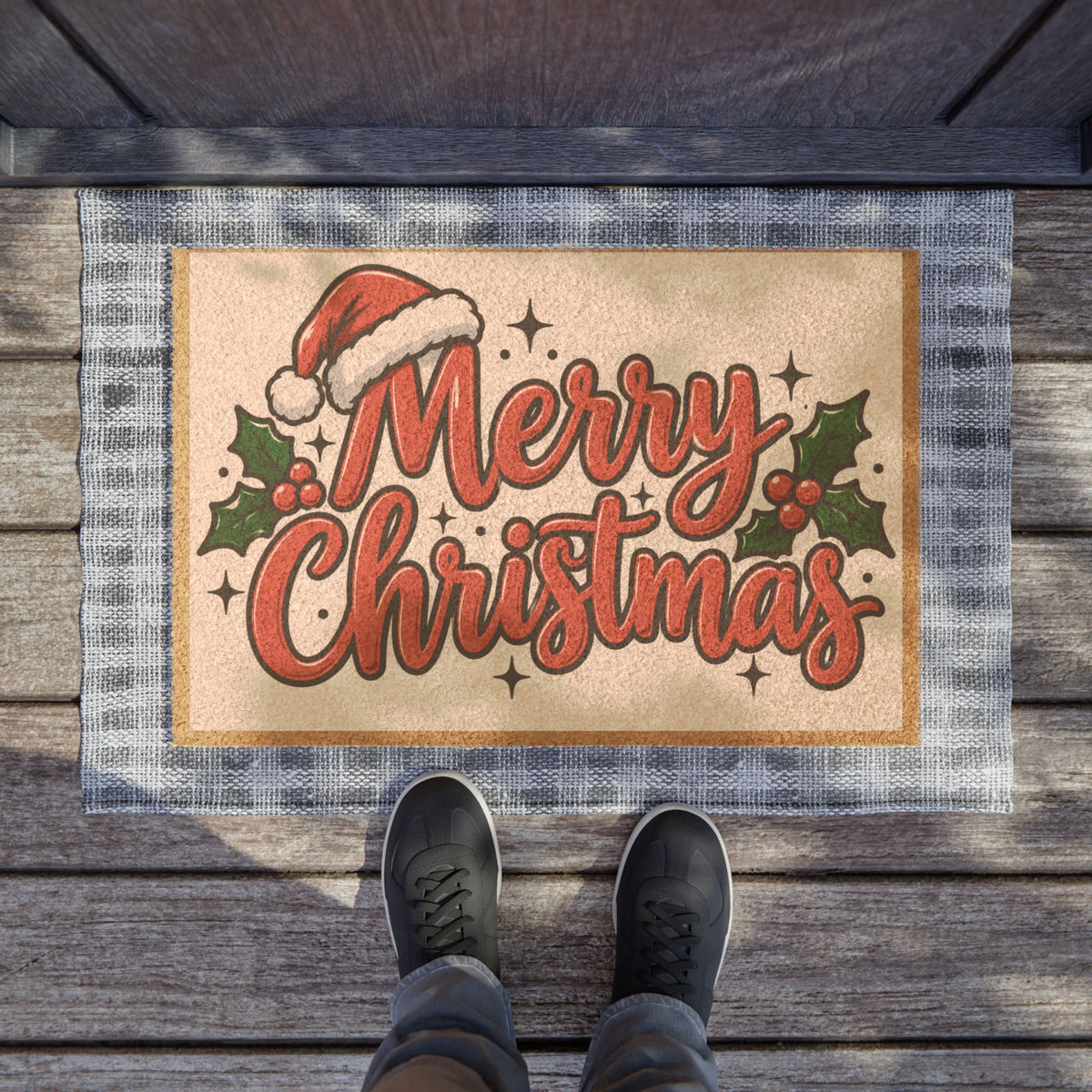 Merry Christmas Doormat – Festive Holiday Coir Welcome Mat with Santa Hat & Holly