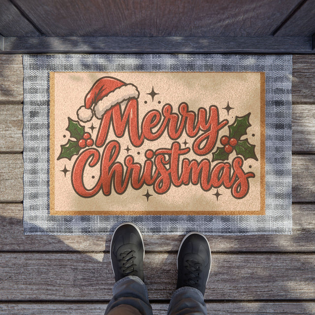 Merry Christmas Doormat – Festive Holiday Coir Welcome Mat with Santa Hat & Holly